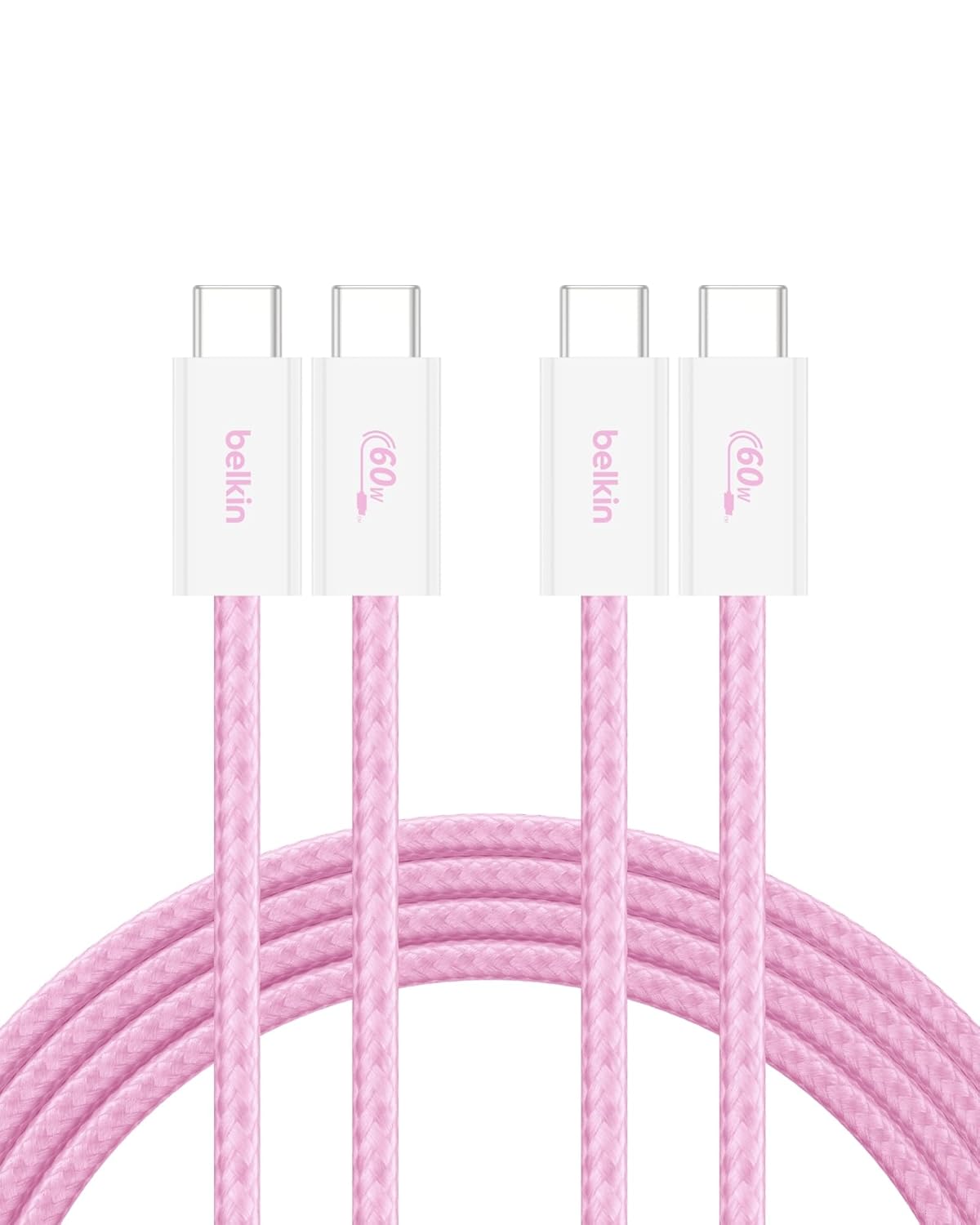 Belkin USB C to USB C Cable 2-Pack, 6.6ft, 60W - Type C Charger, iPhone Charger Cord, Soft, Braided, Flexible for iPhone 17, Galaxy S25, Pixel 10, Airpods, iPad Pro & More, Travel Essentials - Pink