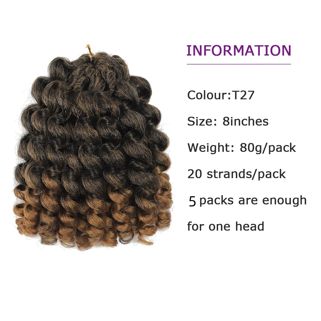 Crochet Braids Hair 8 Inch 5 Pack Jamaican Bounce Wand Curl Crochet Hair Synthetic Braiding Hair Extension Twist Crochet Hair (5 PCS, T27)