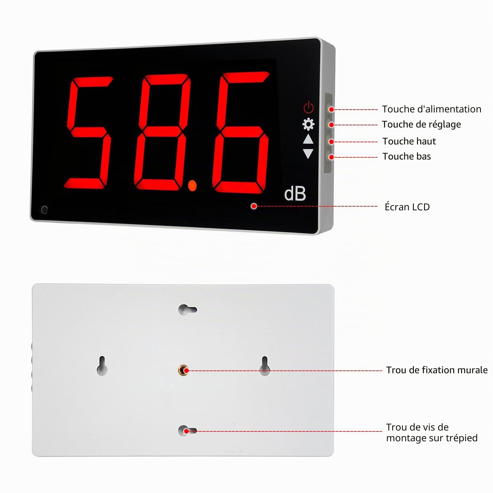 Irfora Sonomètre à grand écran LCD - Sonomètre numérique mural - Testeur de bruit numérique - Testeur de contrôle des décibels - Niveau sonore - Plage de mesure de 30 à 130 avec