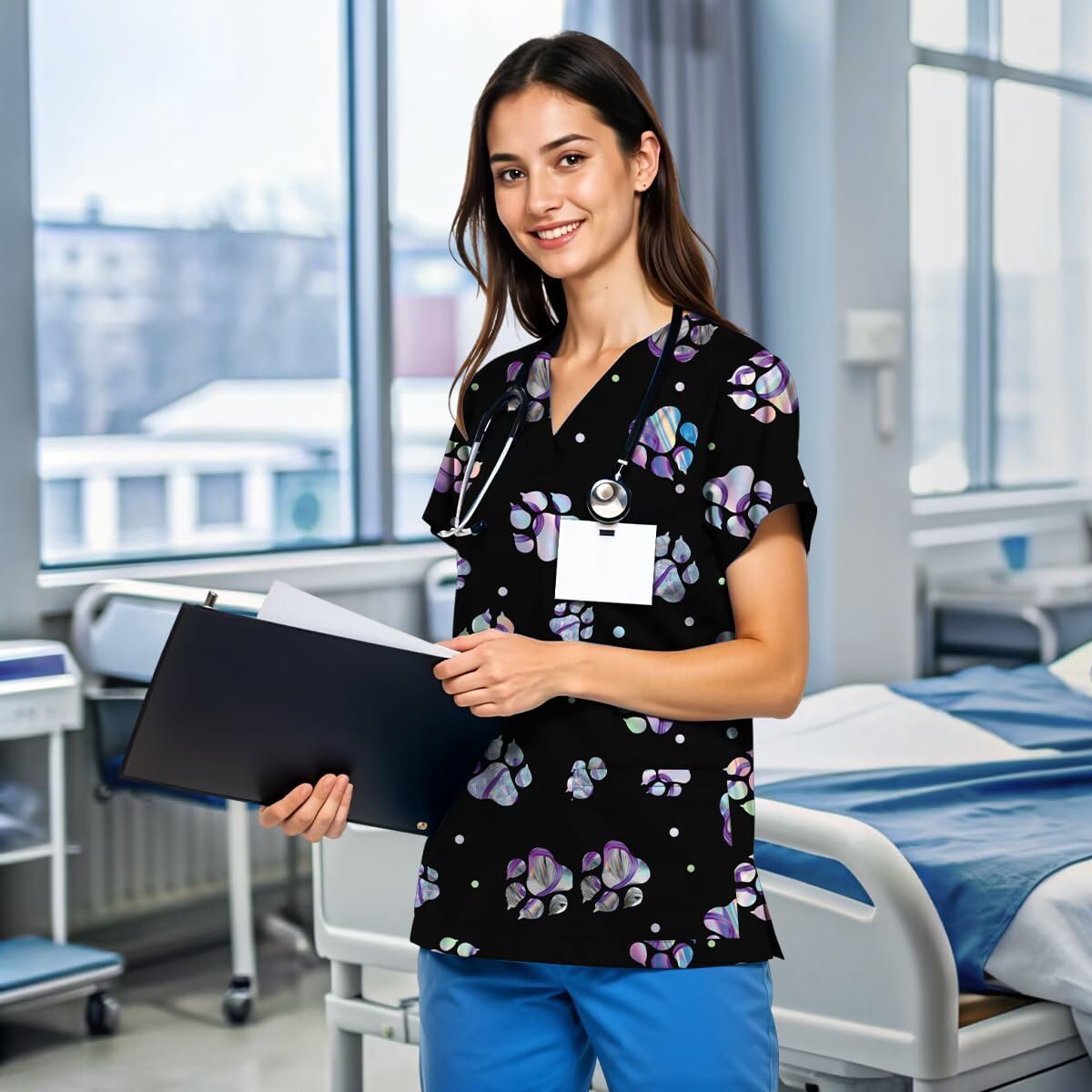 VillbeCoser Cute Printed Scrubs for Women V Neck Scrub Top Nurse Shirt