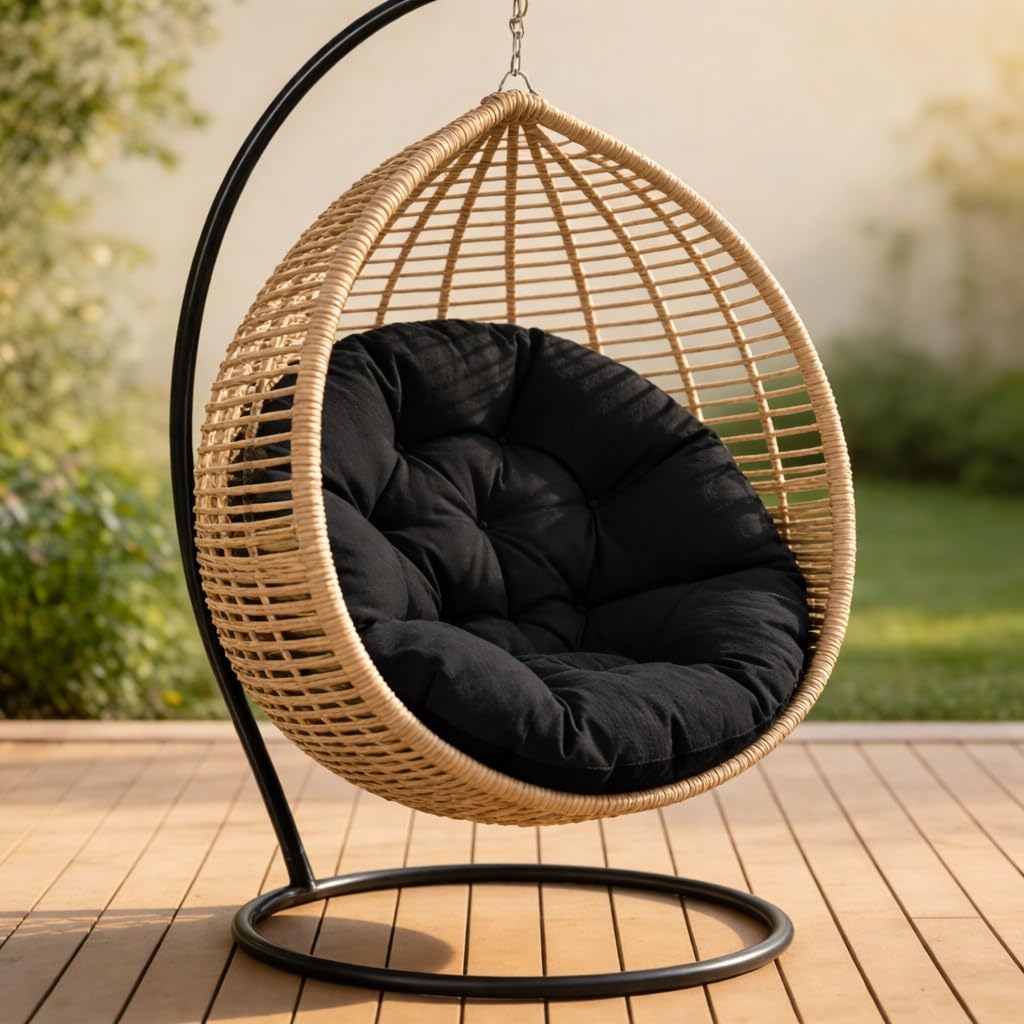 FLLOW Papasansessel Kissen Sitzkissen Hängesessel 130cm - Polster für Korbsessel Papasan Chair Lesesessel und Rattansessel für Outdoor und Indoor rund und groß, UV - beständig wasserdicht, Schwarz
