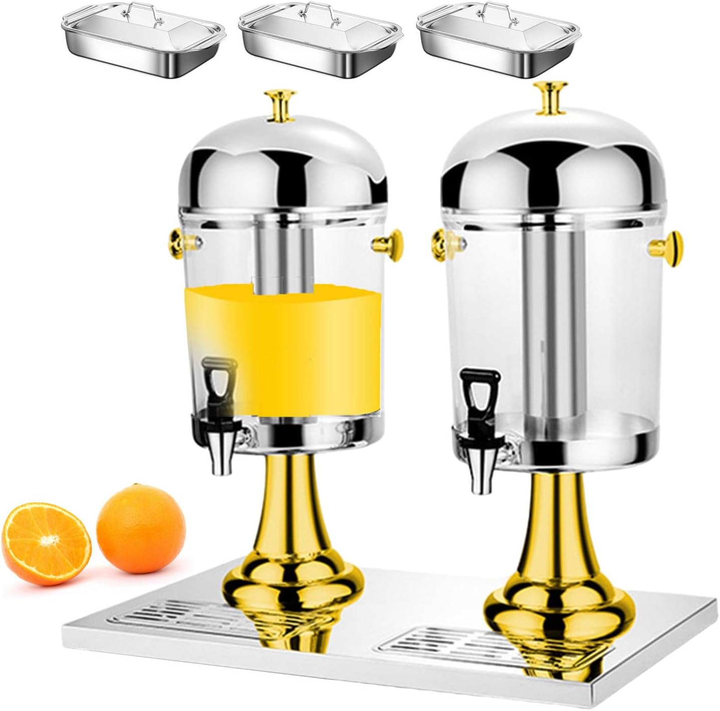 Commercial Cold Juice Dispenser with Tap, Beverage Dispenser 16L Cold Drink Machine with 3 Baking Tray for Family Gatherings, Stainless Steel for Easy Cleaning - 2 Bucket,Silver (Gold)