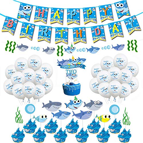 39 Pezzi Decorazione Compleanno a Tema Squalo, Squalo Decorazioni Compleanno Kit, Compresi Banner, Palloncini e Cake Topper, per la Festa Compleanno