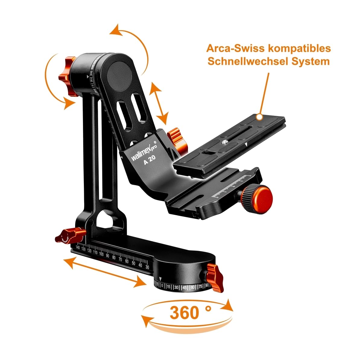 Walimex pro Testa per treppiede in alluminio Gimbal Head A20 – Testa panoramica a 360 gradi di alta qualità con piastra a sgancio rapido Arca – Portata 20 kg con custodia, per obiettivo DSLR DSLR