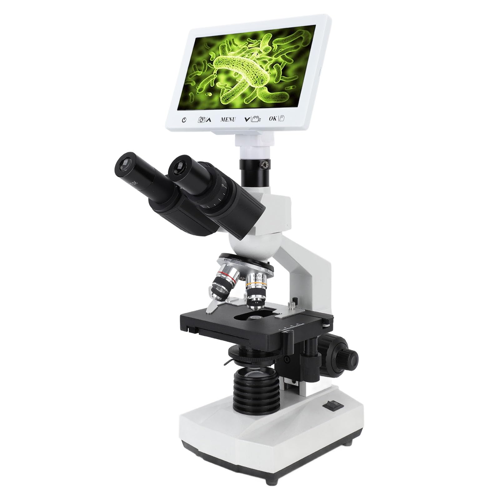 Microscopio Trinocular Pantalla de 7 Pulgadas Microscopio Biológico con Aumento de 40X a 1600X con Plataforma Mecánica para Tomar Fotografías Grabar Tarjeta de Memoria (Enchufe