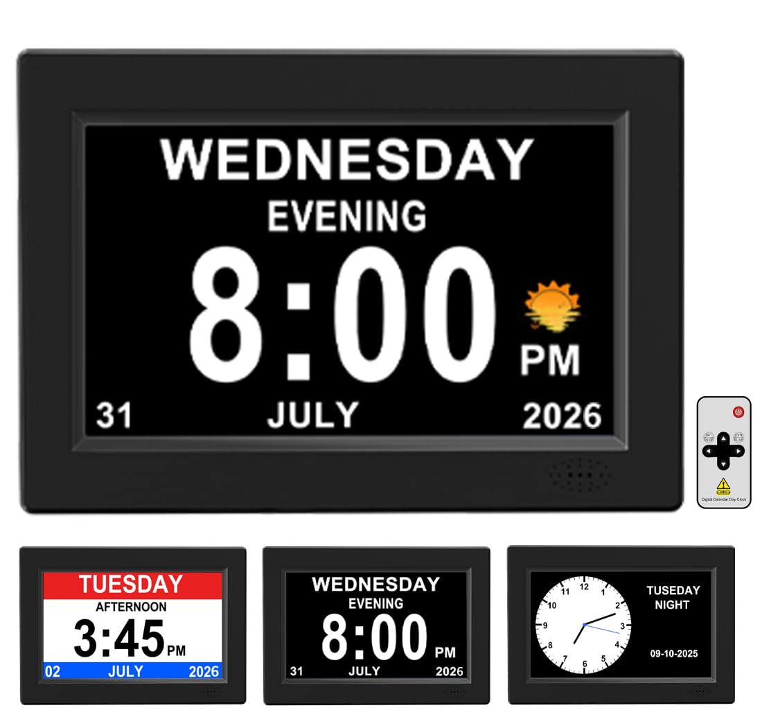 MOIMRYESO 8Inch White Digital Dementia Clock, Large Display Calendar Clock, 15 Medication Reminders, Auto DST, Auto Brightness Adjustment, Equipped with Remote Control (8inch black, Small)