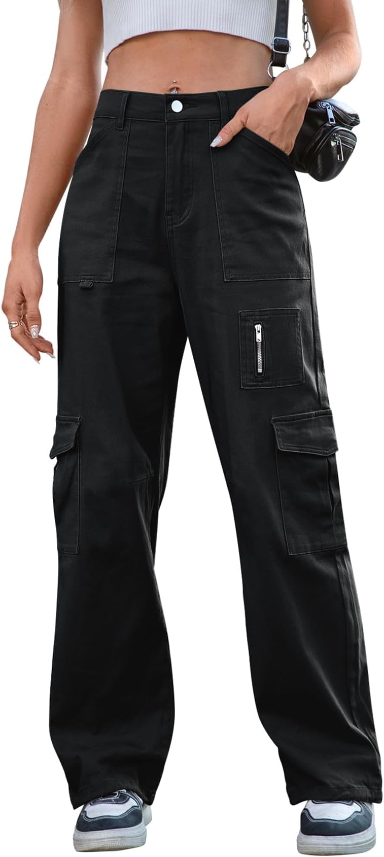 Cargo Pants Women High Waist Wide Leg Casual Pants with 7 Pockets Stretchy Drawstring Baggy Y2K Trousers