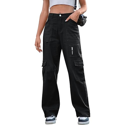 IVIR Cargo Pants Women High Waist Wide Leg Casual Pants with 7 Pockets Stretchy Drawstring Baggy Y2K Trousers