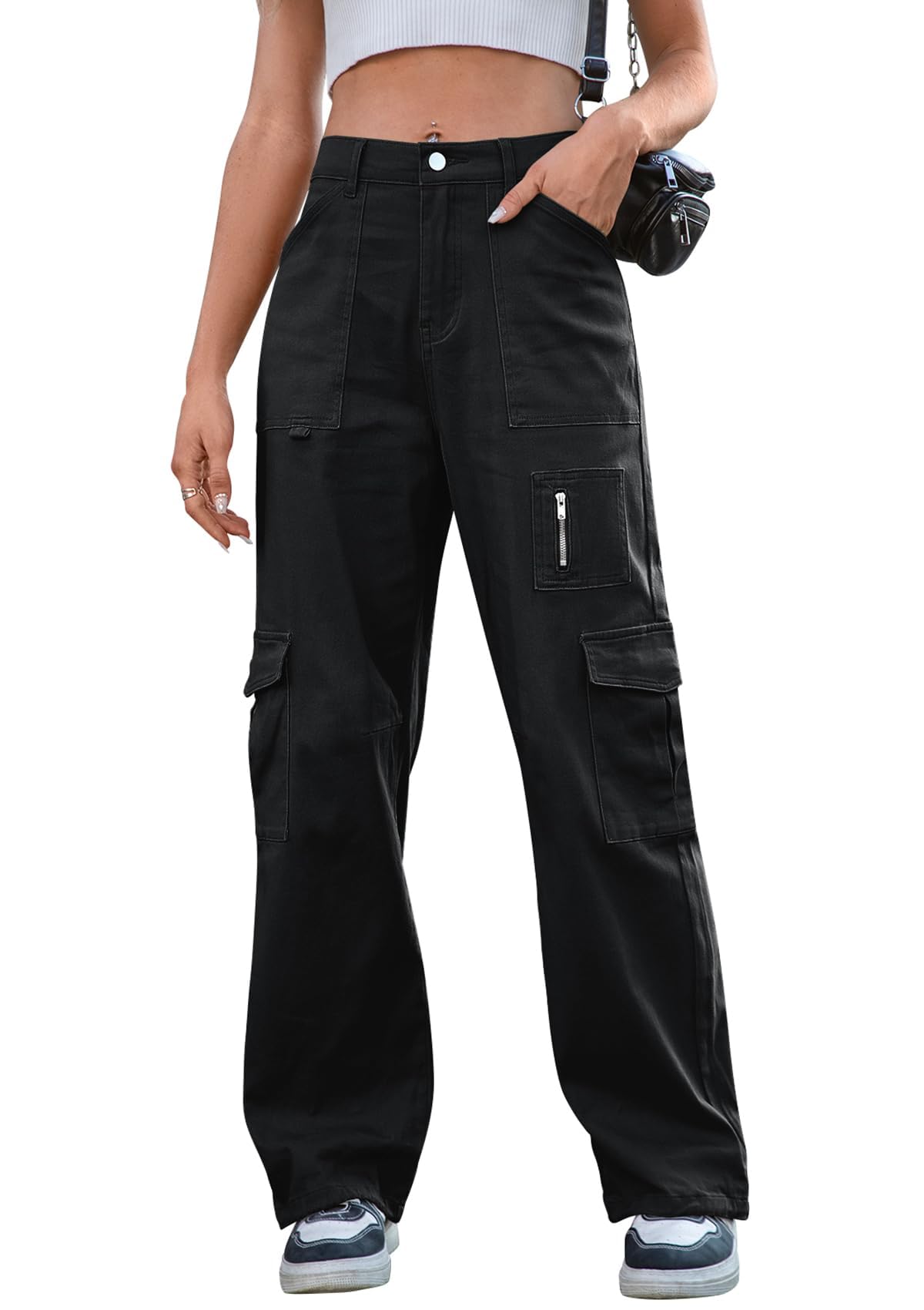 IVIRCargo Pants Women High Waist Wide Leg Casual Pants with 7 Pockets Stretchy Drawstring Baggy Y2K Trousers