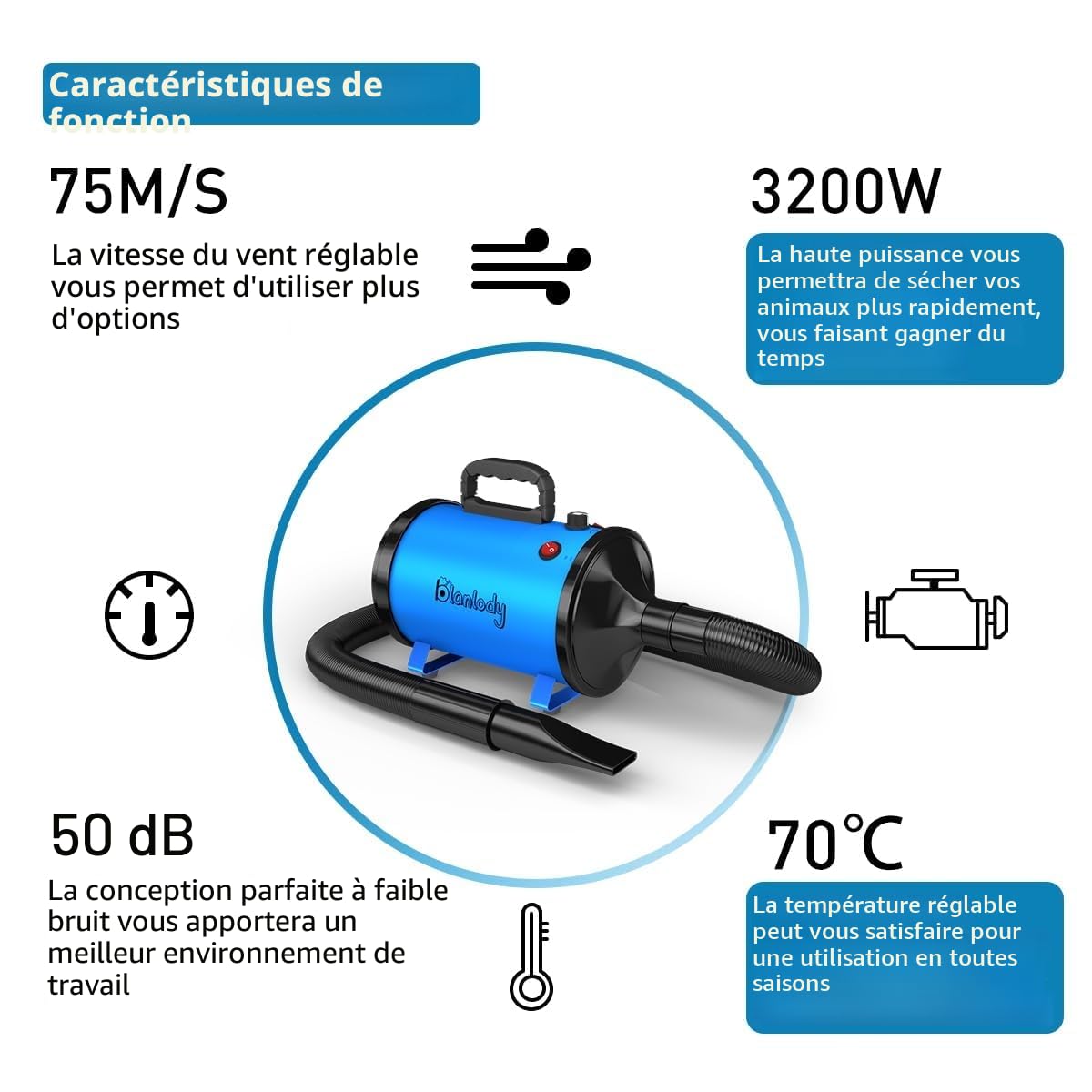 Pulseur pour Chien Blower - Très Silencieux - 4,5 CV / 3200 W - Moteur réglable - Souffleur de Soins pour Chien avec 4 Buses différentes - Tuyau élastique et Brosse d'entretien