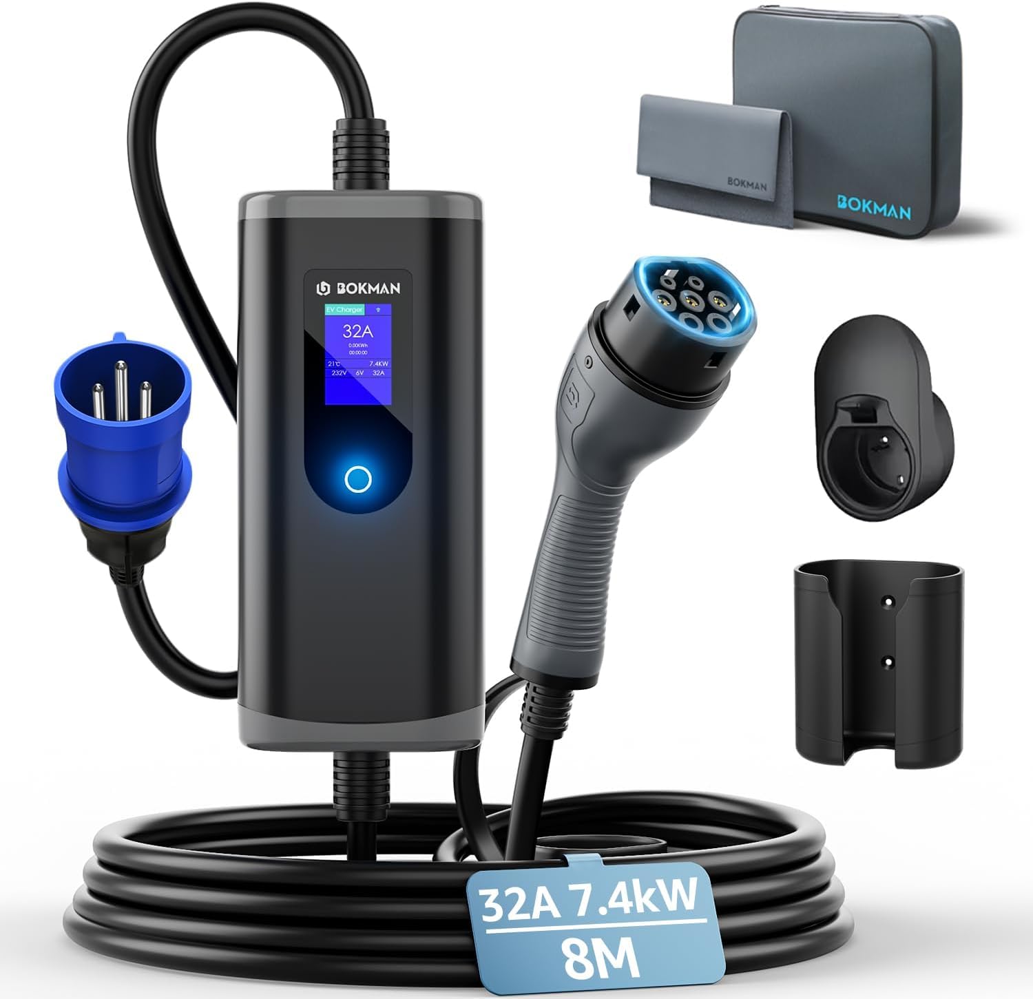 bokman Kabel do ładowania typu 2 z wtyczką CEE 7,4 kW, 8 metrów | 6-32 A | 1-fazowy | wodoszczelność IP65, przenośna ładowarka EV i przenośna stacja ładująca Wallbox z torbą do przenoszenia i