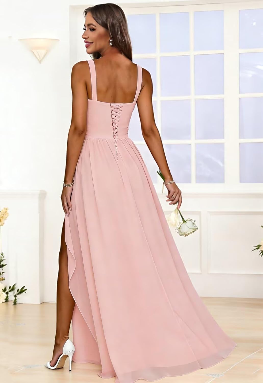 Bridesmaid Dresses Long Chiffon Ruffle Slit Pleated Evening Dresses for Women - Image 2