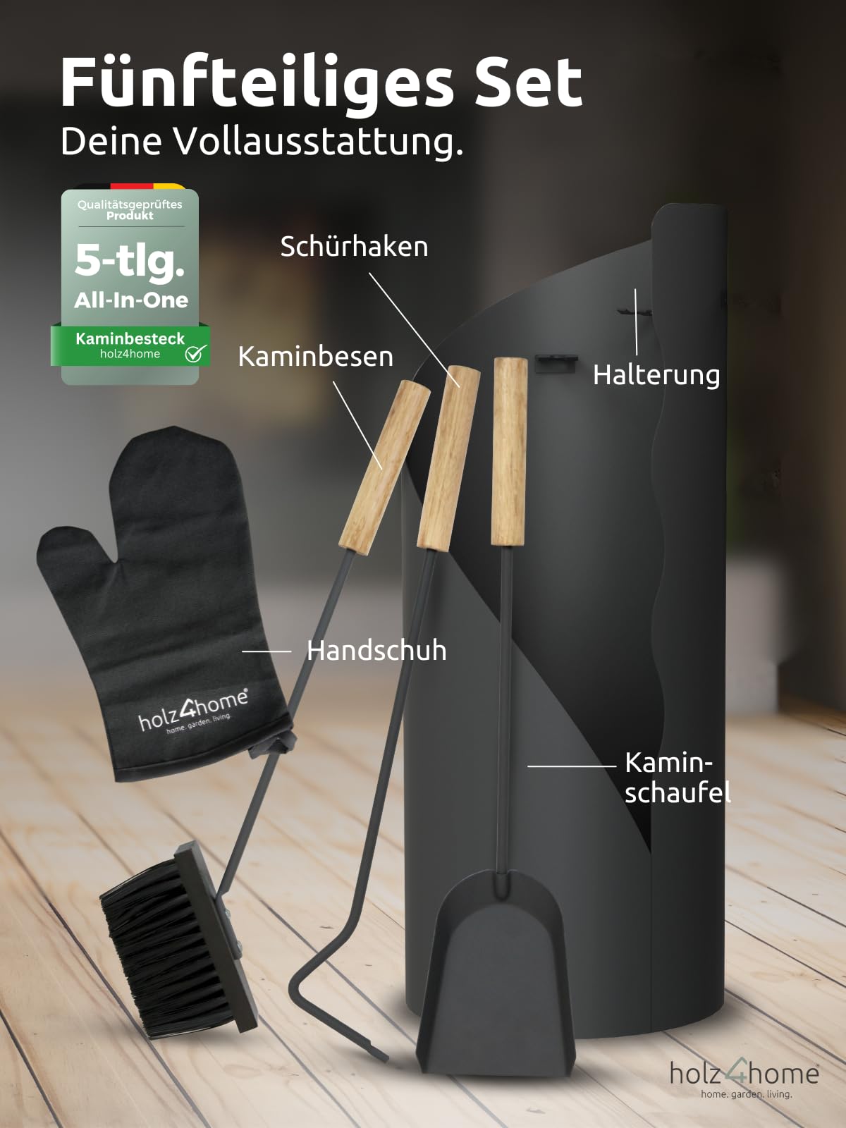 holz4home® Kaminbesteck 5-tlg. Grauschwarz mit Holzgriff inkl. Ofenhandschuh I Kaminset Kamingarnitur Anthrazit Ofenbesteck Schürhaken Besen Ascheschaufel