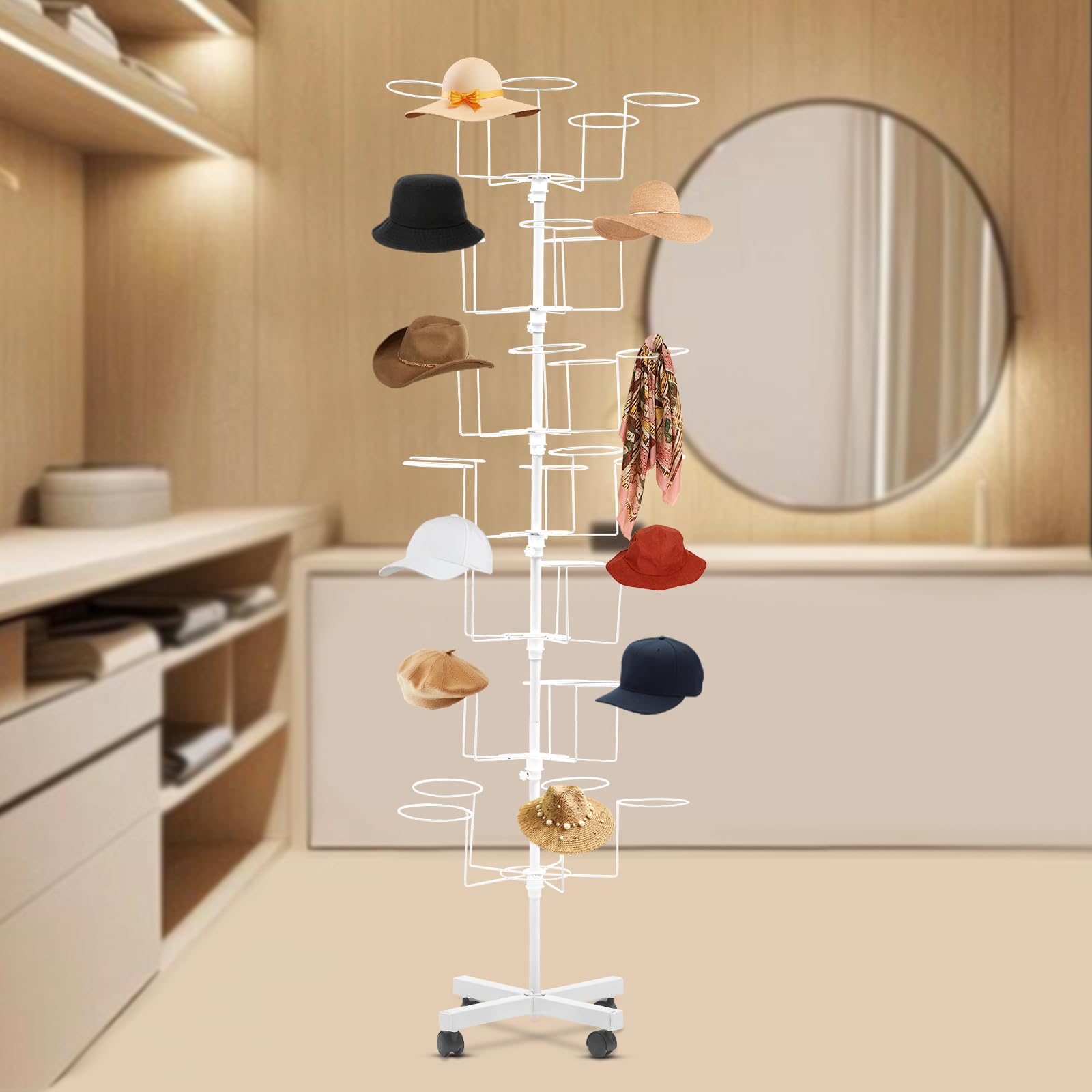 7 Tiers Hat Holder Storage Organizer, Freestanding Rotating Hat Display Rack Stand with 35 Hooks Hat, Floorstand Display Holder Headwear Retail Store Hat Stand for Wig, Cap Hanger Rack with Wheels