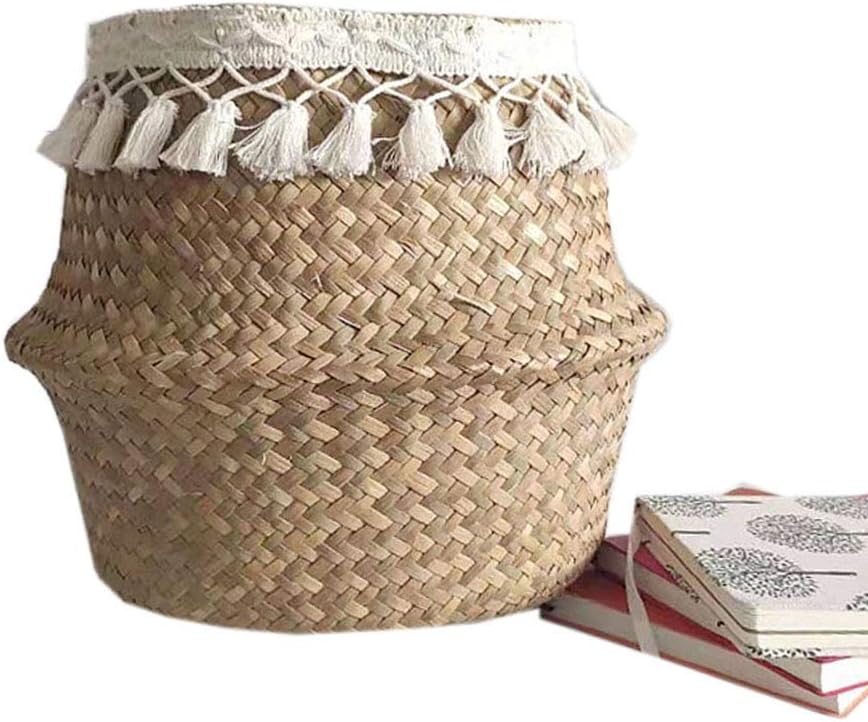 Woven Seagrass Basket, Large Storage Laundry Woven Seagrass Tote Belly Basket, Multipurpose, Foldable, Rustic, Brown