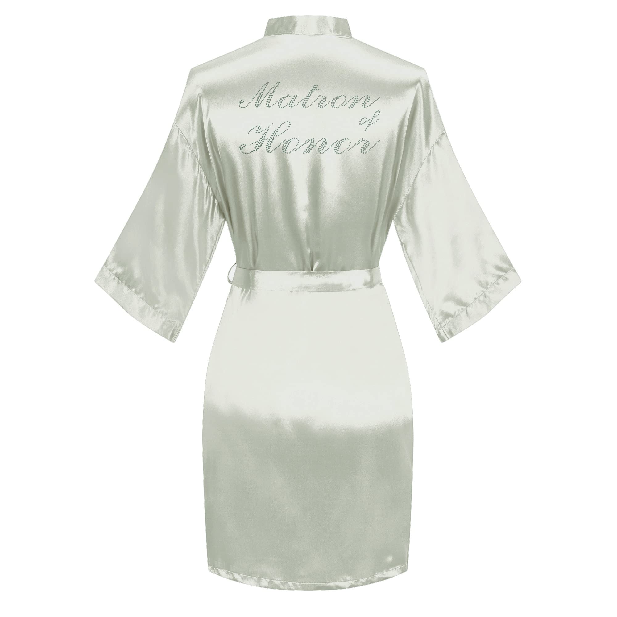 Women's Satin Robe Short Kimono for Bride &amp; Bridesmaid with Silver Rhinestones, Wedding Party Robes