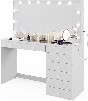 Boahaus Ketevan Modern White Makeup Vanity Desk with Mirror Lights, Power Outlet with USB Ports, 8 Drawers, Glass Top, Jewelry Divider, and Crystal Knobs for Bedroom