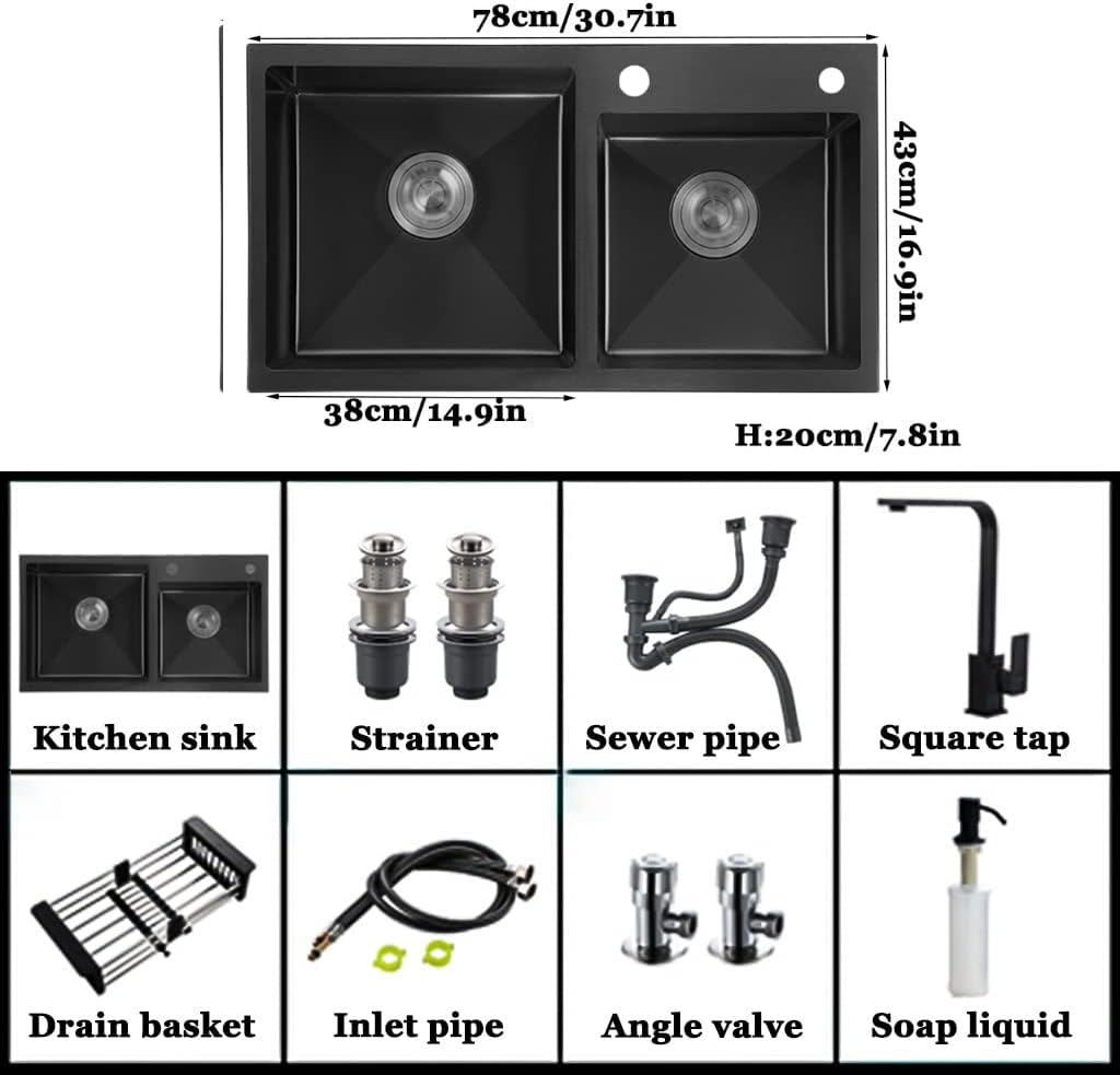 Black Double Bowl Bar Prep, with Square Tap, 304 Stainless Steel Drop-in Hardware Undermount,Black-78x43cm