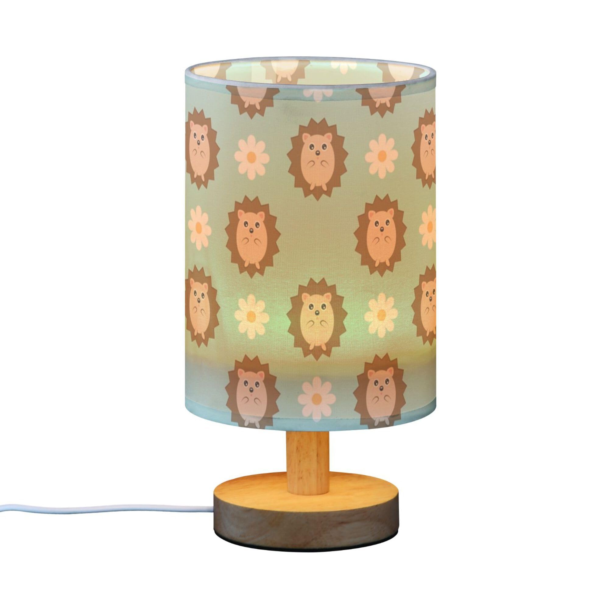 YYZZH Table Lamp Cute Hedgehog Daisy Flower on Blue Nightstand Lamp with Wood Base Fabric Lamp Shade Bedside Desk Lamp for Living Room Bedroom Kids Room Office
