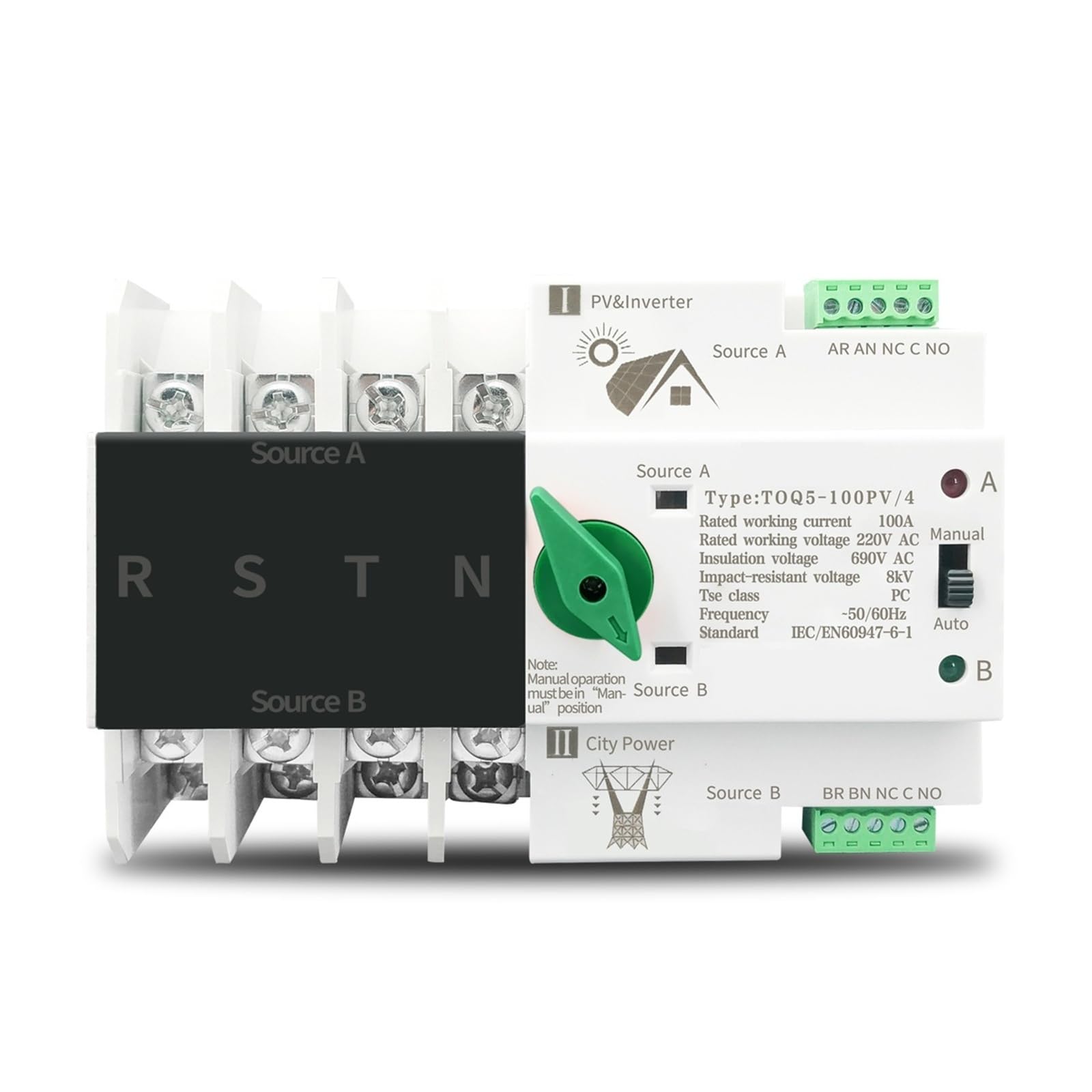 Interruptores selectores de transferencia automática potencia dual, 4P, trifásicos, 4 cables, for PV e inversores, ininterrumpidos, 63 A, 100 A, 125 A, 1 unidad(63A)