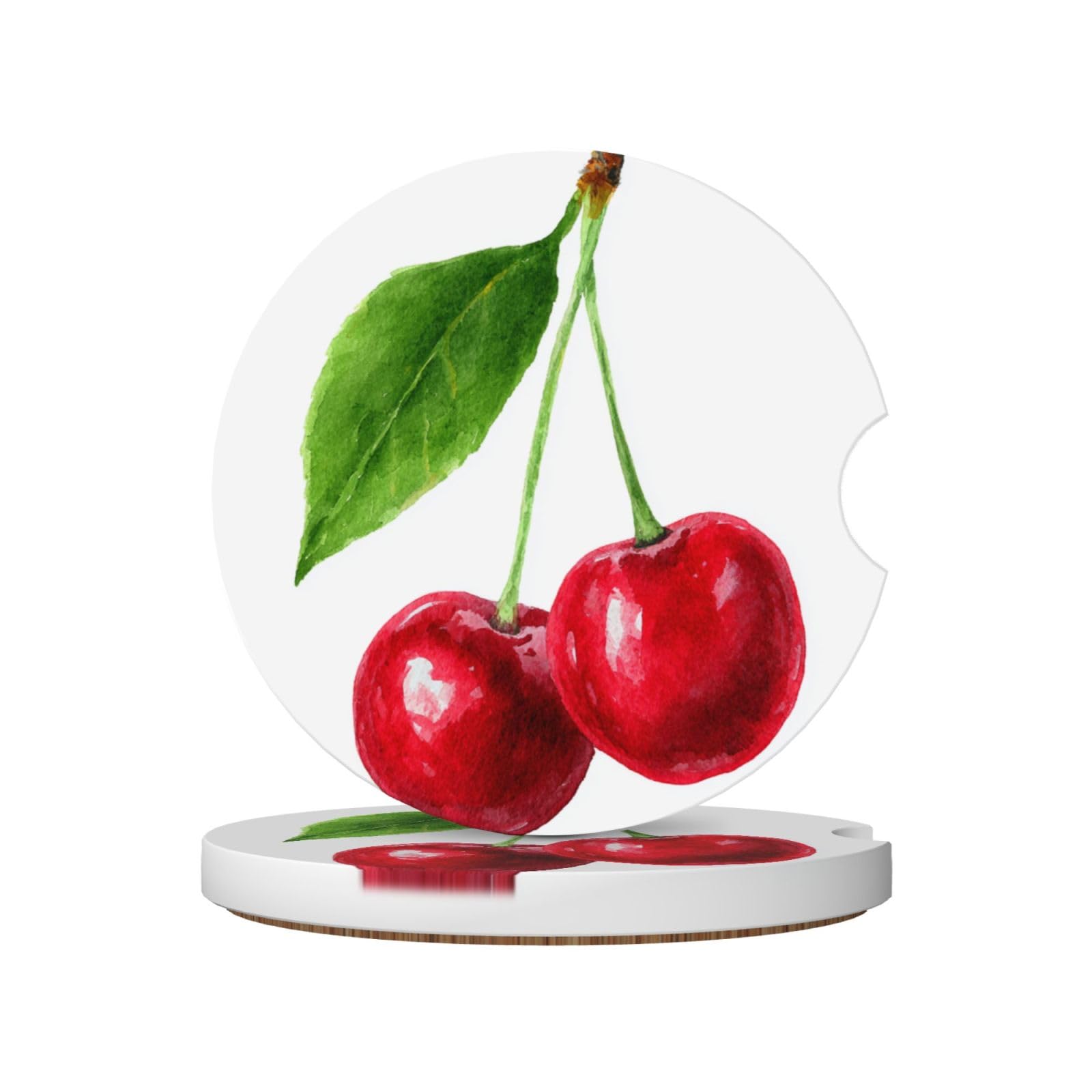 Two Cherries with A Green Leaf Ceramic Coasters,2pcs