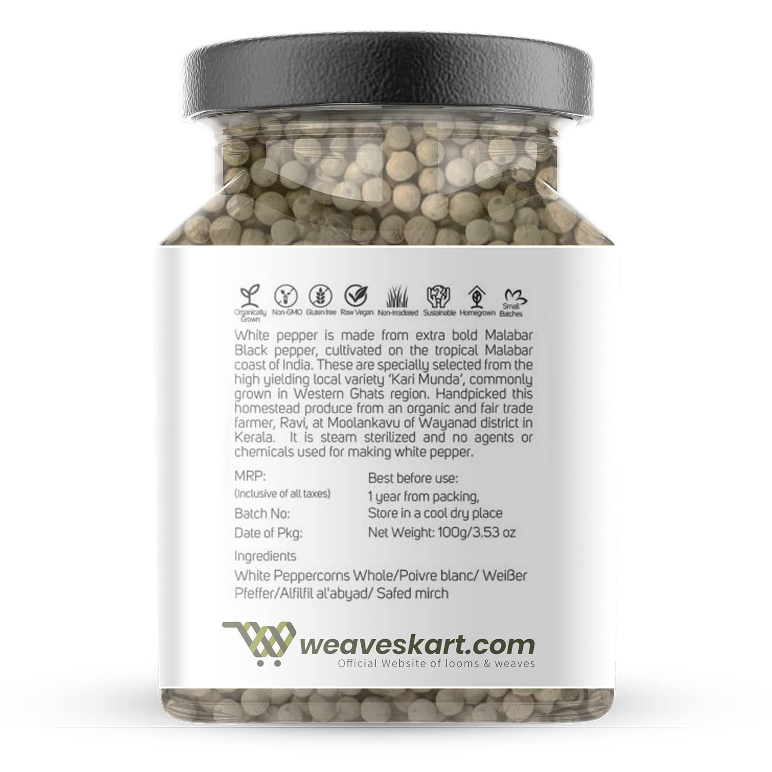 looms & weaves - Premium Whole White Pepper - 100 gm - Image 3 thumbnail