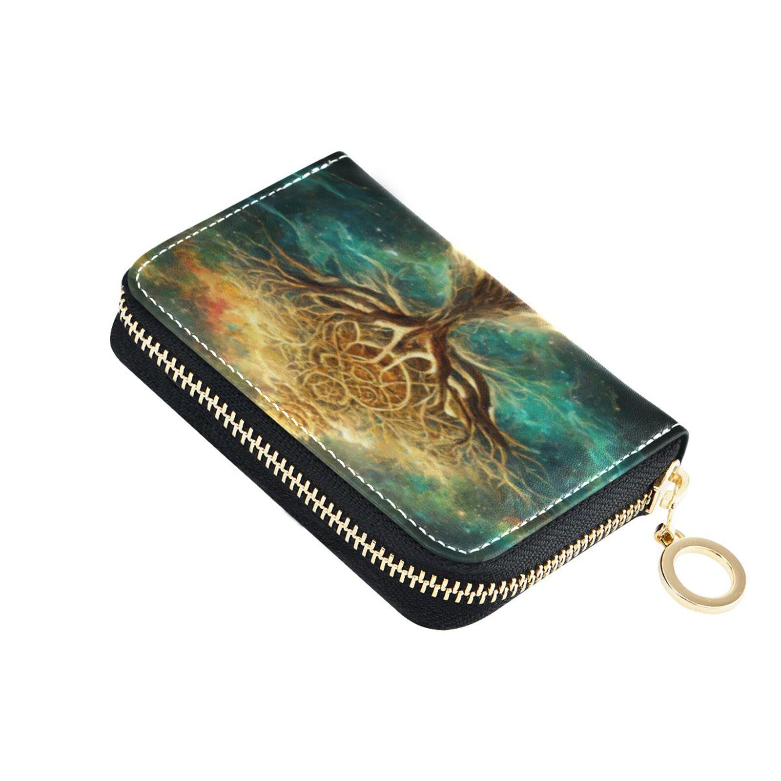Sletend RFID Credit Card Holder Tree Of Life Leather With Zipper Card Case Wallet for Women Girls