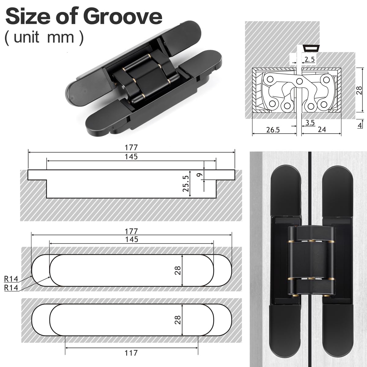Bisagras de puerta ocultas (2 piezas) - Bisagras invisibles negras de 6 pulgadas para puertas, bisagras ocultas oscilantes de 180 grados, bisagras ajustables de 3 vías y resistentes (negro)