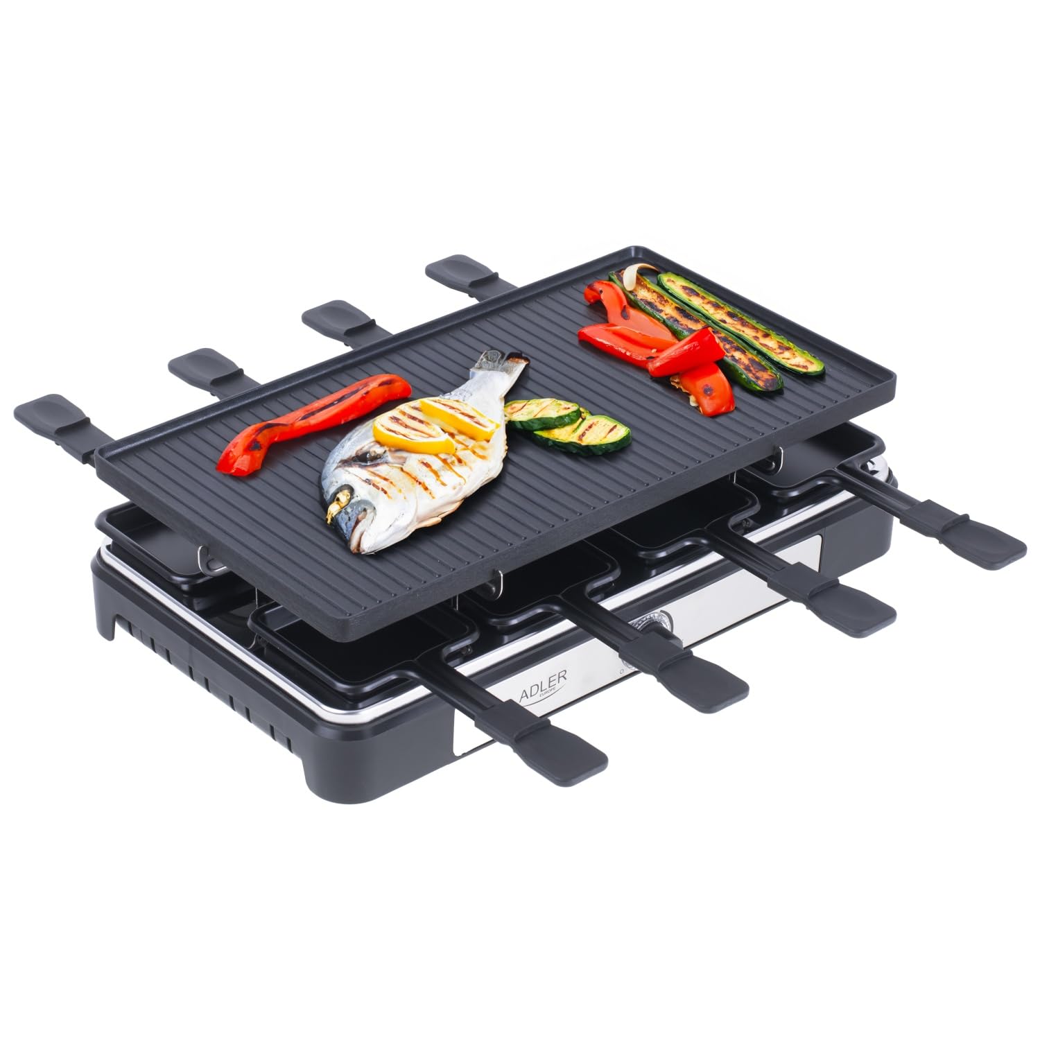 Adler AD6616 elektryczny grill raclette w komplecie z patelniami – bezdymny grill w nowoczesnym stylu dla 8 osób – duża powierzchnia grillowania – elektryczny ruszt do grillowania – do smażenia potraw