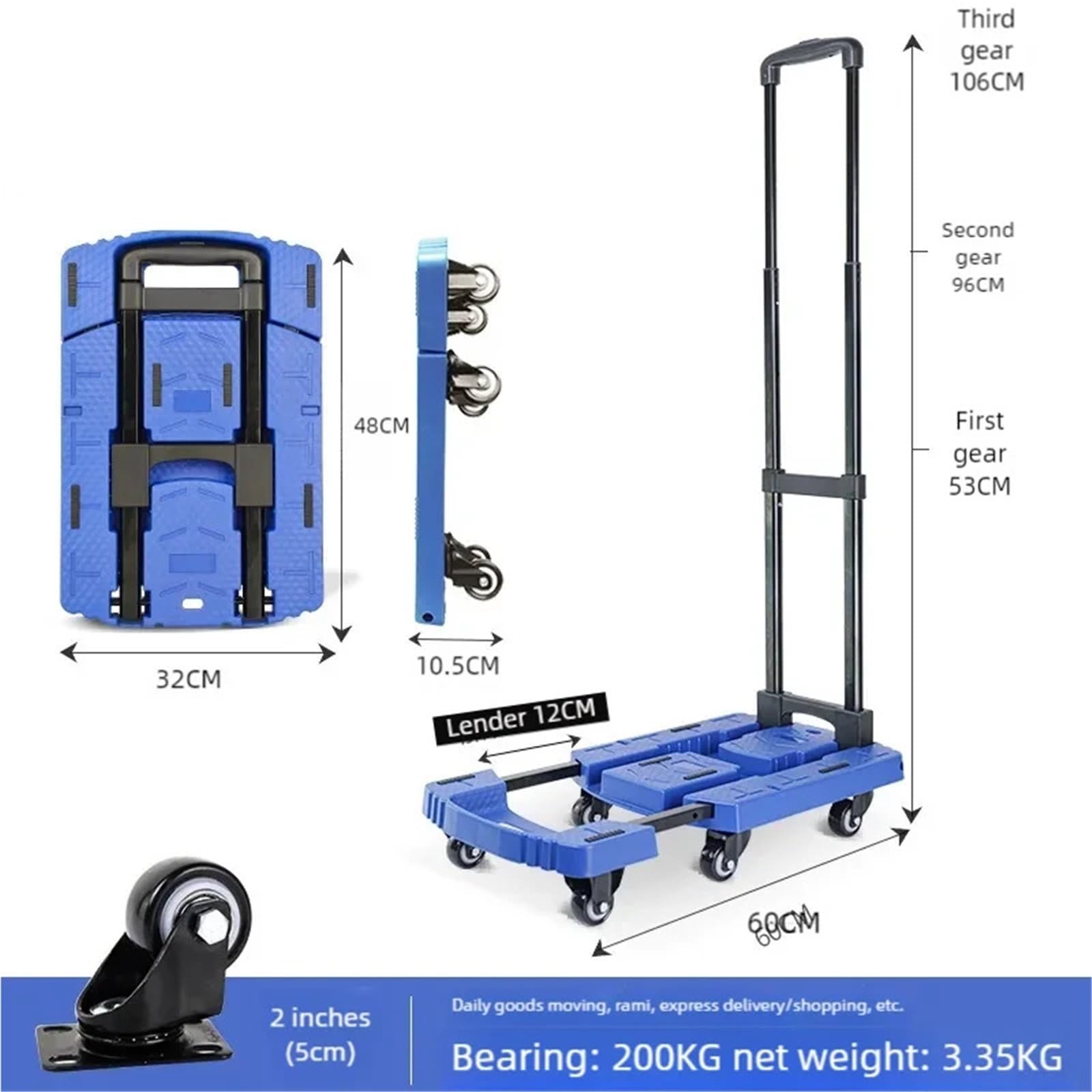 Carrello portatile pieghevole a mano, carrello retrattile a 6 ruote per bagagli, attrezzi e generi alimentari, facile da caricare e spostare