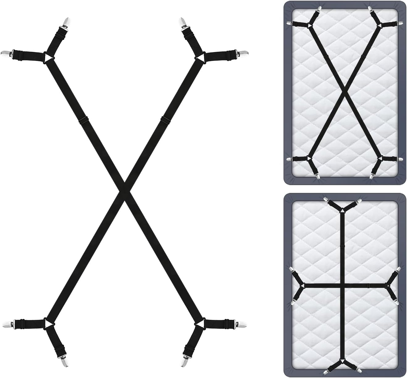 DS. DISTINCTIVE STYLE Sheet Straps 2 Pieces Mattress Sheet Holder Straps for Queen/King Size Bed Suspenders Twin XL Adjustable Elastic Bands and Corner Clips