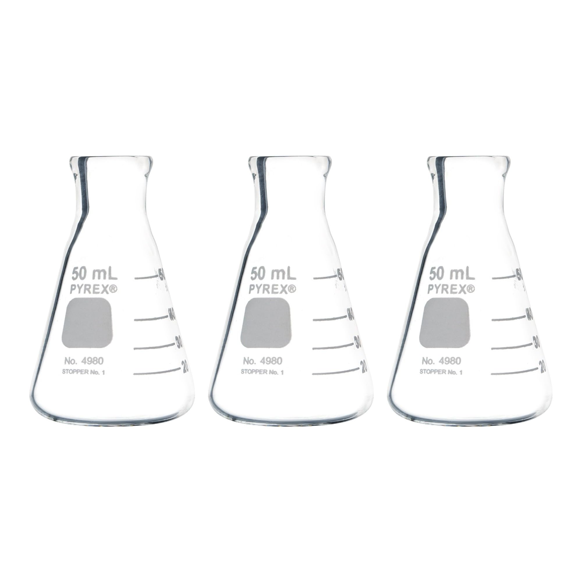 Pyrex 50 ml de boca estrecha matraces Erlenmeyer con Heavy Duty borde, 3/PK