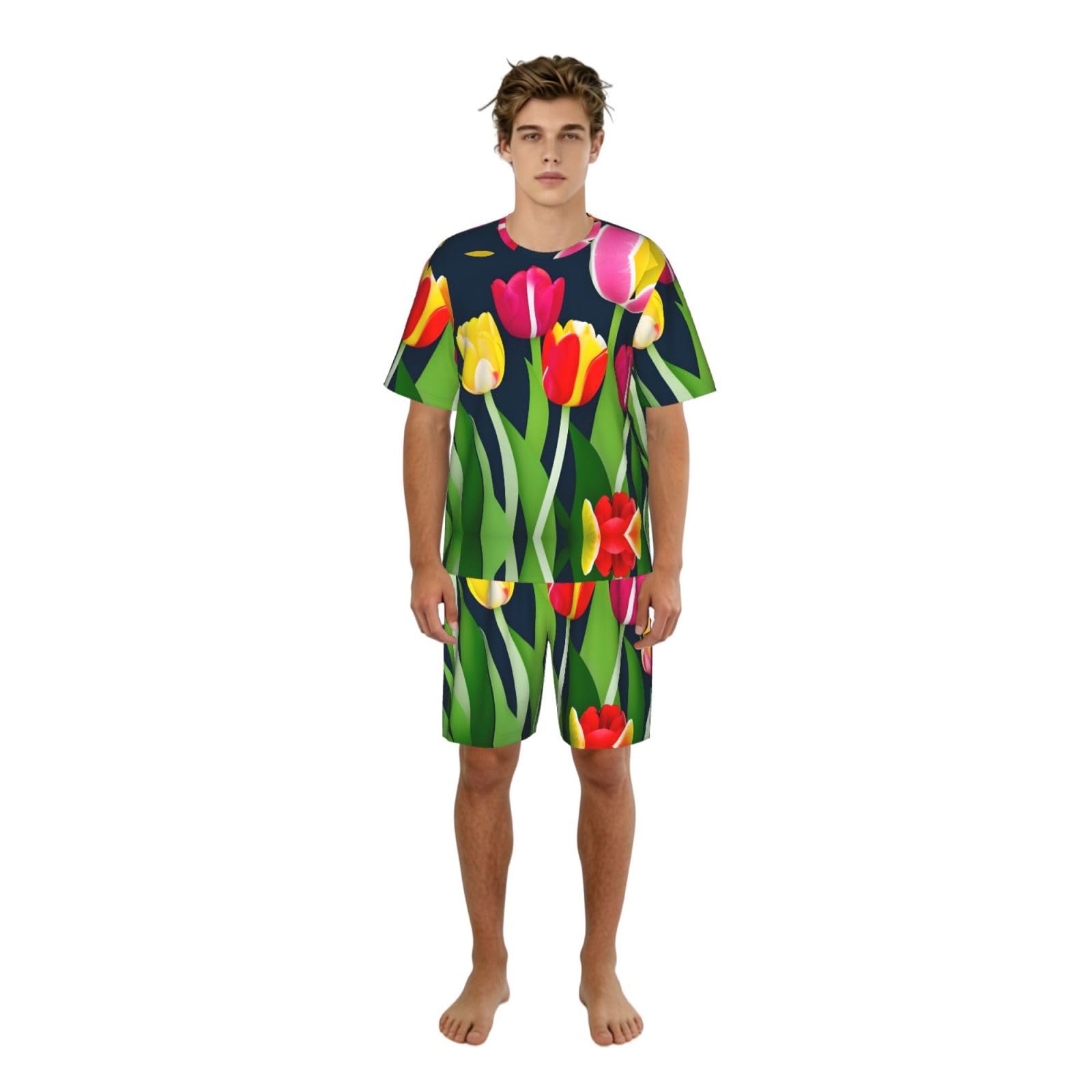 Set pigiama classico da uomo con stampa a tulipani colorati, pantaloncini morbidi da uomo, perfetti per le notti estive