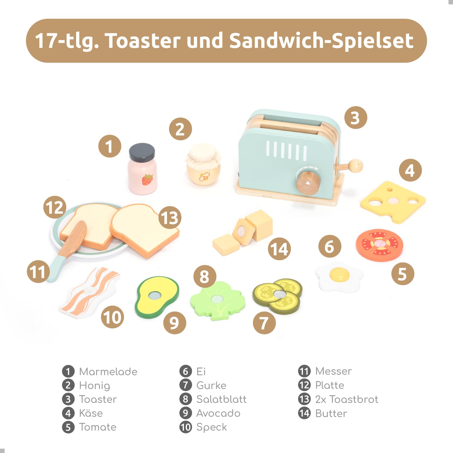 UMU® Holz Toaster & Sandwich Küchenspielzeug - inkl. Pop-up Toaster, Butter schneiden, Kinderküche Zubehör u. v. m., Holzspielzeug für Kinder ab 3 4 5 6 Jahren