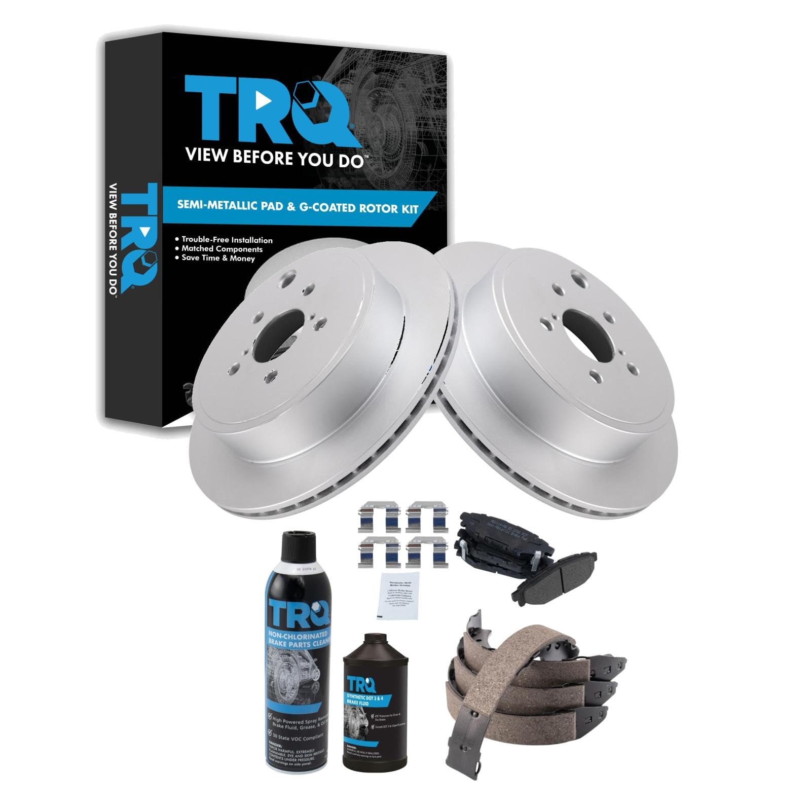 TRQ Rear Brake Pad &amp; Rotor Kit, with Chemical Kit Parking Brake Shoe Set Semi-Metallic Compatible with 2013-2014 Subaru Legacy