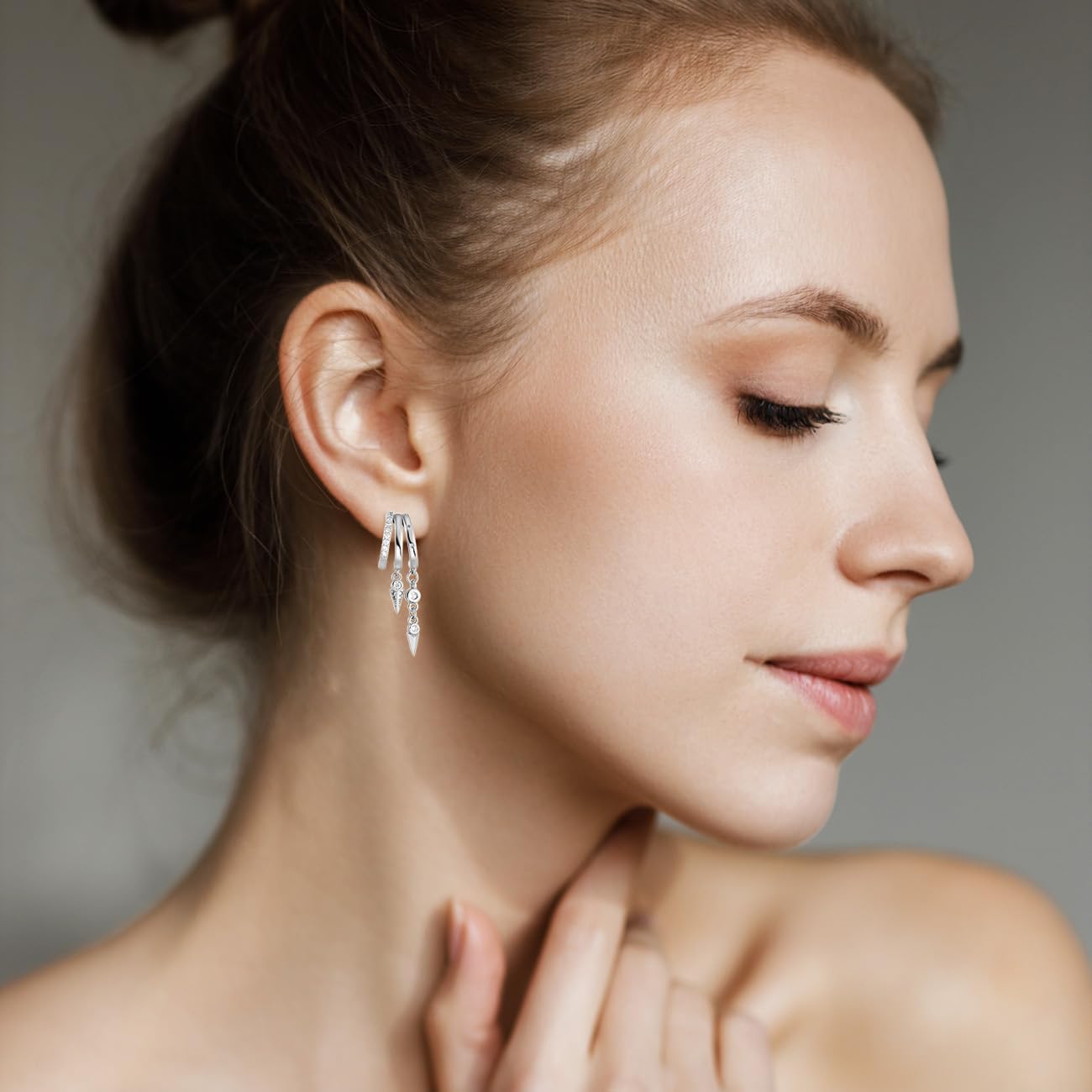 Emibele Huggie Dangle Earrings for Women, Non Tarnish Triple Hoop Drop Earrings with Cubic Zirconia, Trendy Hypoallergenic Long Chain Huggie Earrings Fashion Jewelry Gifts - Image 2