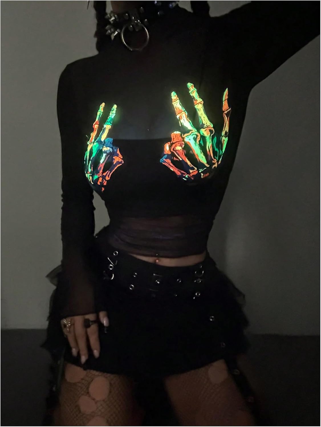 GORGLITTER Women's Y2k Graphic Sheer Mesh Crop Top Reflective Long Sleeve See Through Goth Rave Going Out T-Shirt - Image 4