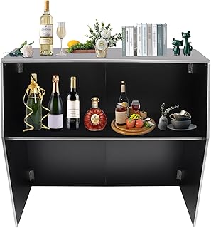 Gdrasuya10 Folding Portable Event Bar Bartender Table Cabinet for Party Black Bar Station Portable Bar Station Reception Counter Desk with Top and Middle Shelves for Parties and Events, Black
