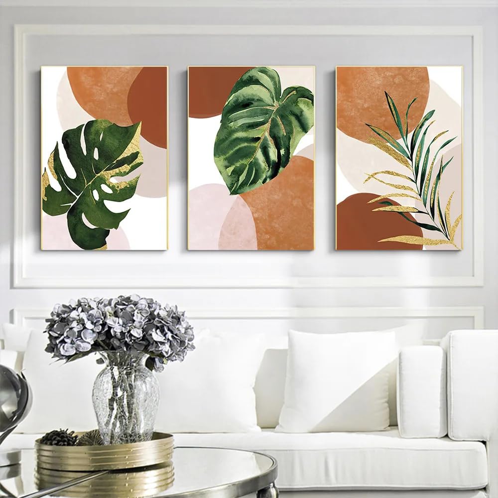 WBYZAC Wall Pictures-Tropical Green Plant Leaves Abstract Canvas Art Poster Boho Green Gold Plant Wall Painting Picture for Bedroom Living Room Kitchen Decor-40 * 50cm*3PCS (No Frame)