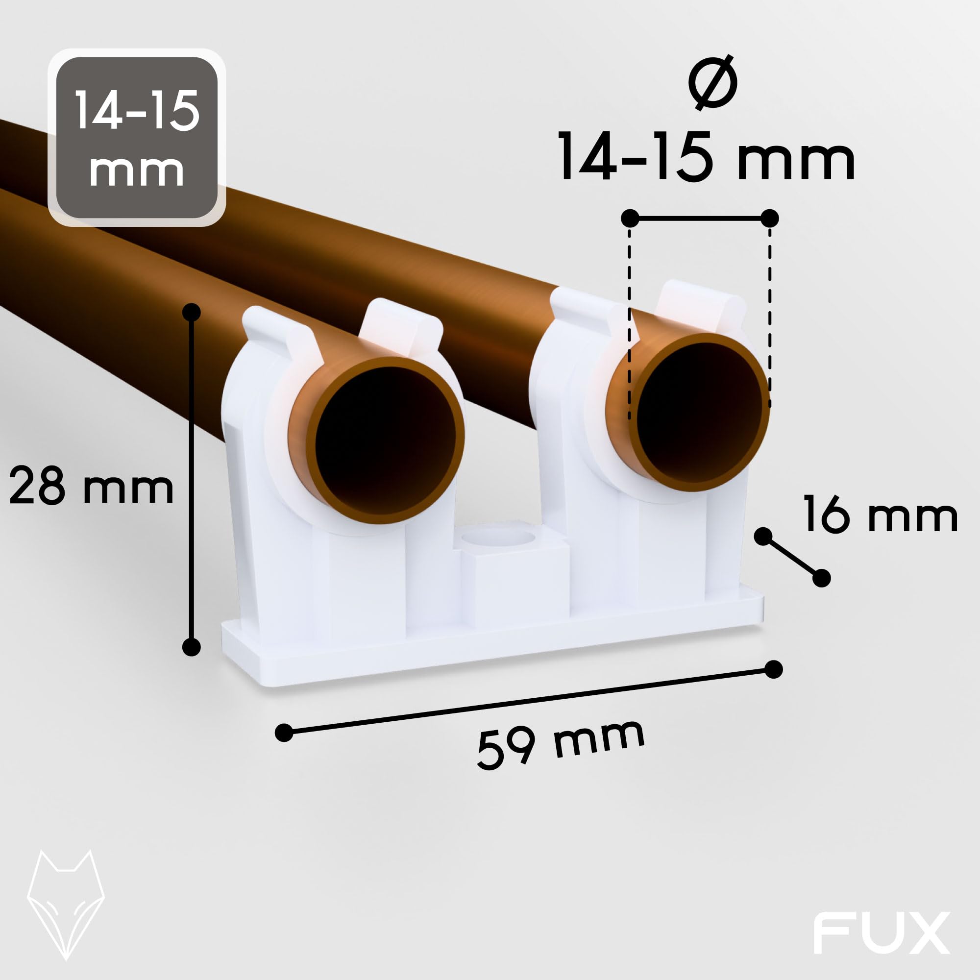 FUX 5 klipsów do rur 14-15 mm, zaciski do rur z gwintem metalowym M6, uchwyt do rur, podwójna obejma do instalacji sanitarnych i grzewczych