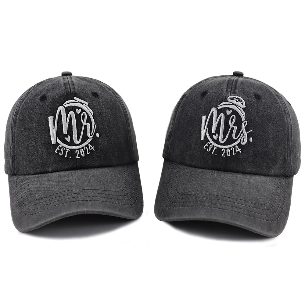 2PCS Matching Mr and Mrs EST 2024 Hats for Men & Women Gifts, Adjustable Cotton Vintage Embroidered Baseball Caps