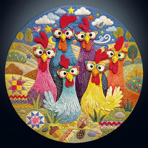 Puzzle redondo de 1000 piezas para adultos - Gallos caprichosos | 26.6" de diámetro, alivio del estrés y desafío cognitivo, regalo ideal para noches de juegos familiares y decoración artística de pared miniatura 1