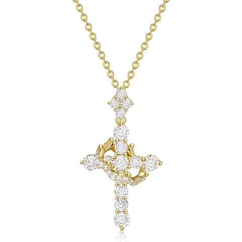 YIMERAIRE Upgraded Moissanite Crown Cross Necklace 14K Gold Vermeil 1.1 Carats Dainty Iced Out Christian Faith Cross Jewelry S925 Sterling Silver Simple Gold Moissanite Cross Pendant Necklace For Women