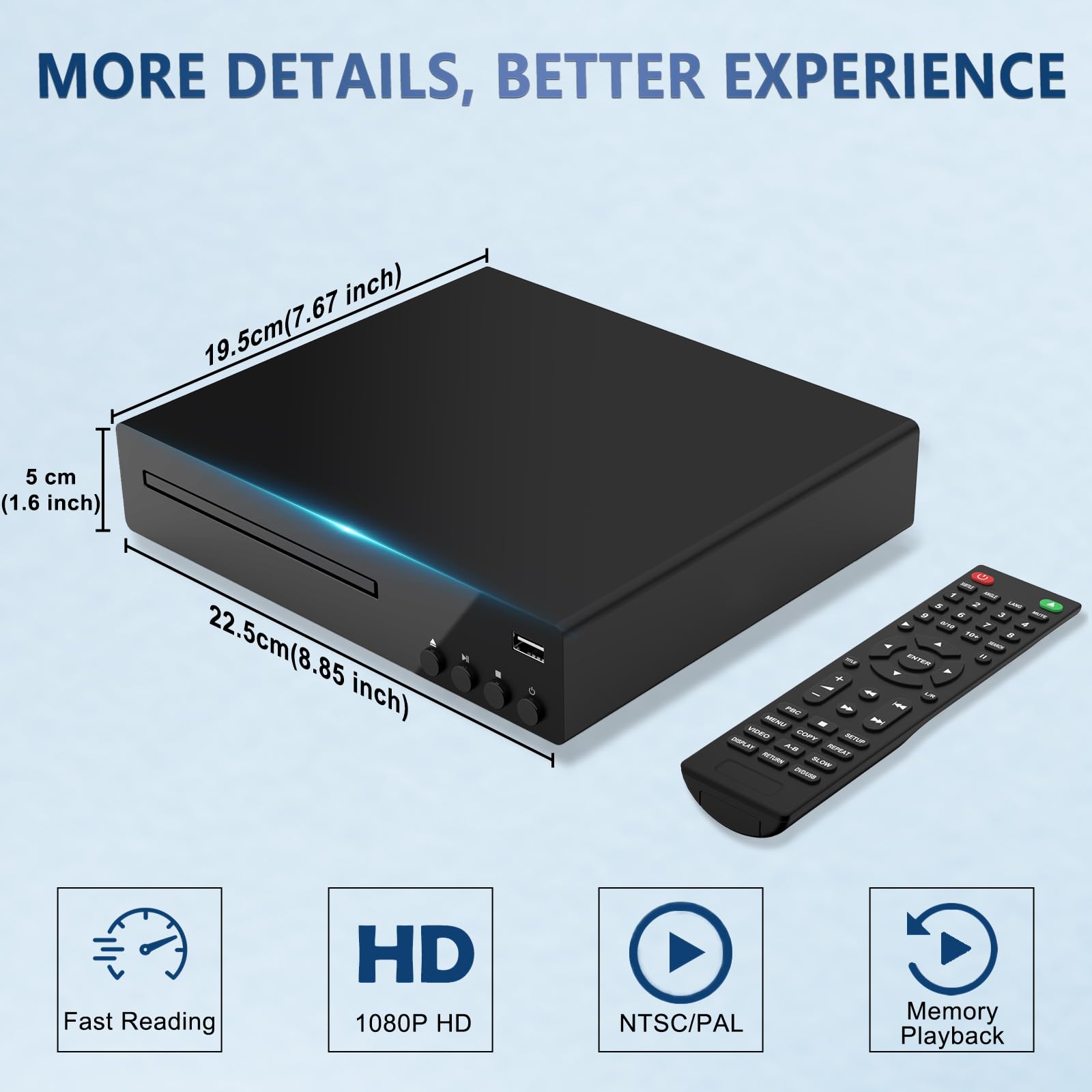 Reproductor de DVD compacto con conexión HDMI, reproductor de DVD Full HD 1080P para TV compatible con NTSC/PAL, conexión USB integrada, reproductor de DVD sin regiones Compatible con Smart TV/Sound