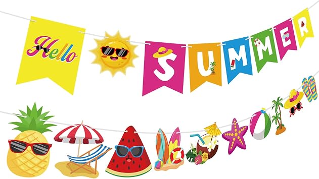Hello Summer Banner Sign Pool Summer Bunting Banner Colorful Flag Garland for Hawaiian Luau Tropical Beach Theme Party Carnival Party Decorations Supplies