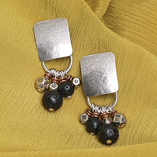 Rounded Rectangle with Textured Black and Metal Beads Clip Earring3