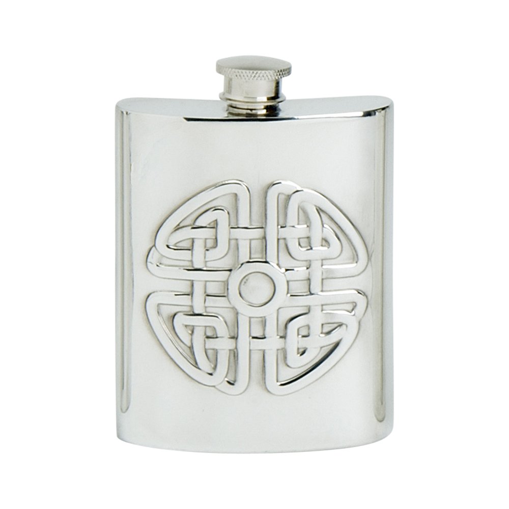 Edwin Blyde & Co Pewter Traditional Kidney Shape Embossed Celtic Knott Design Spirit Flask, 6 Oz