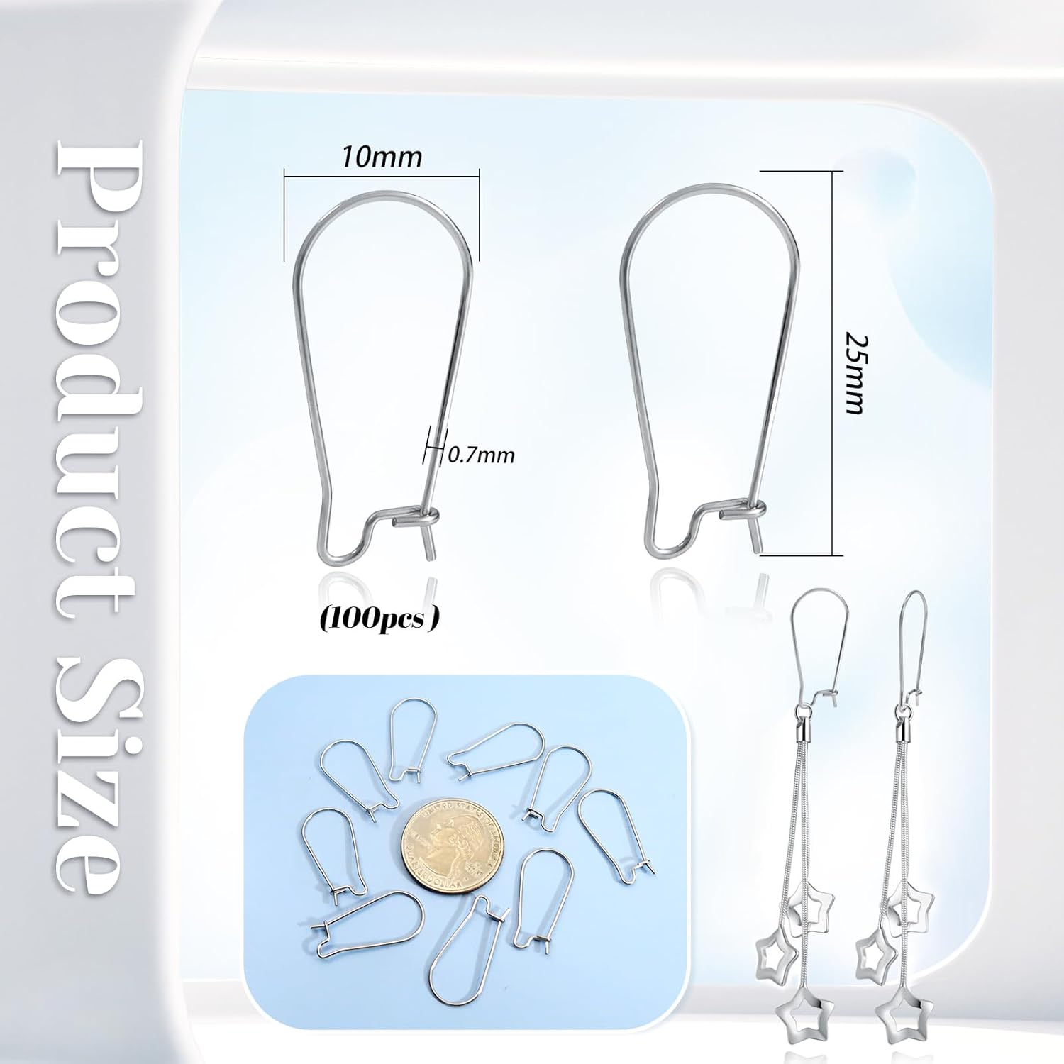 TOAOB 100pcs Earring Hooks Hypoallergenic Stainless Steel Kidney Ear Wires Interchangeable Dangle Earwire Hooks Silver 25mm Earring Findings Parts for DIY Jewelry Making - Image 2