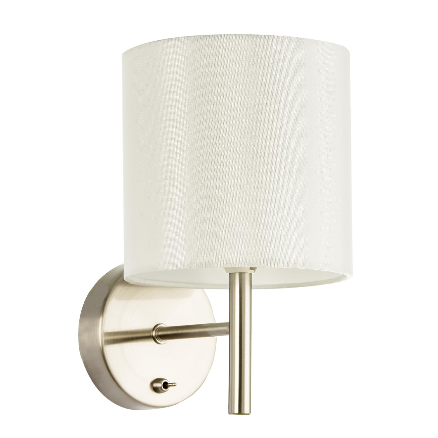 Happy Homewares Contemporary Bedside Wall Lamp in Satin Nickel with Toggle Switch and Off White Fabric Shade | 24cm x 15cm x 10cm | 1 x 7w E14
