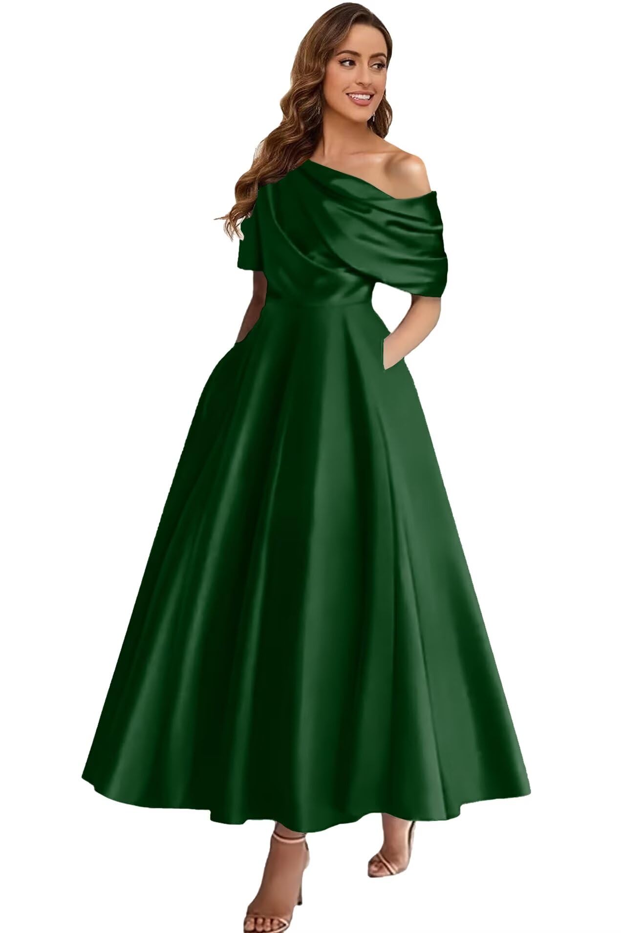 Geforsp Satin Tea Length Mother of The Bride Dresses for Women One Shoulder Prom Dress Evening Formal Gown with Sleeves